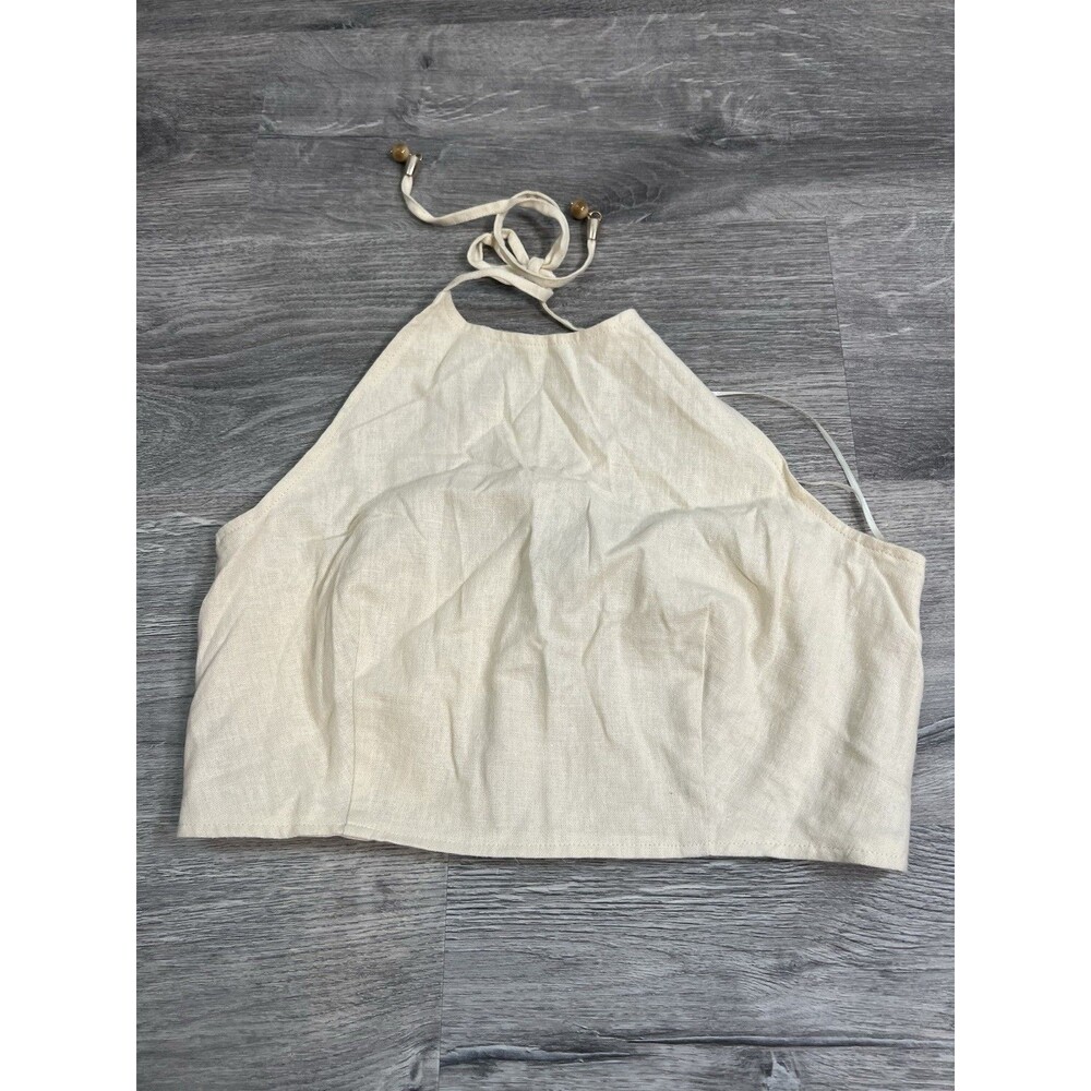 HOUSE OF HARLOW 1960‎ Revolve ivory Linen Cropped Halter bead Tassel Tab S NWT